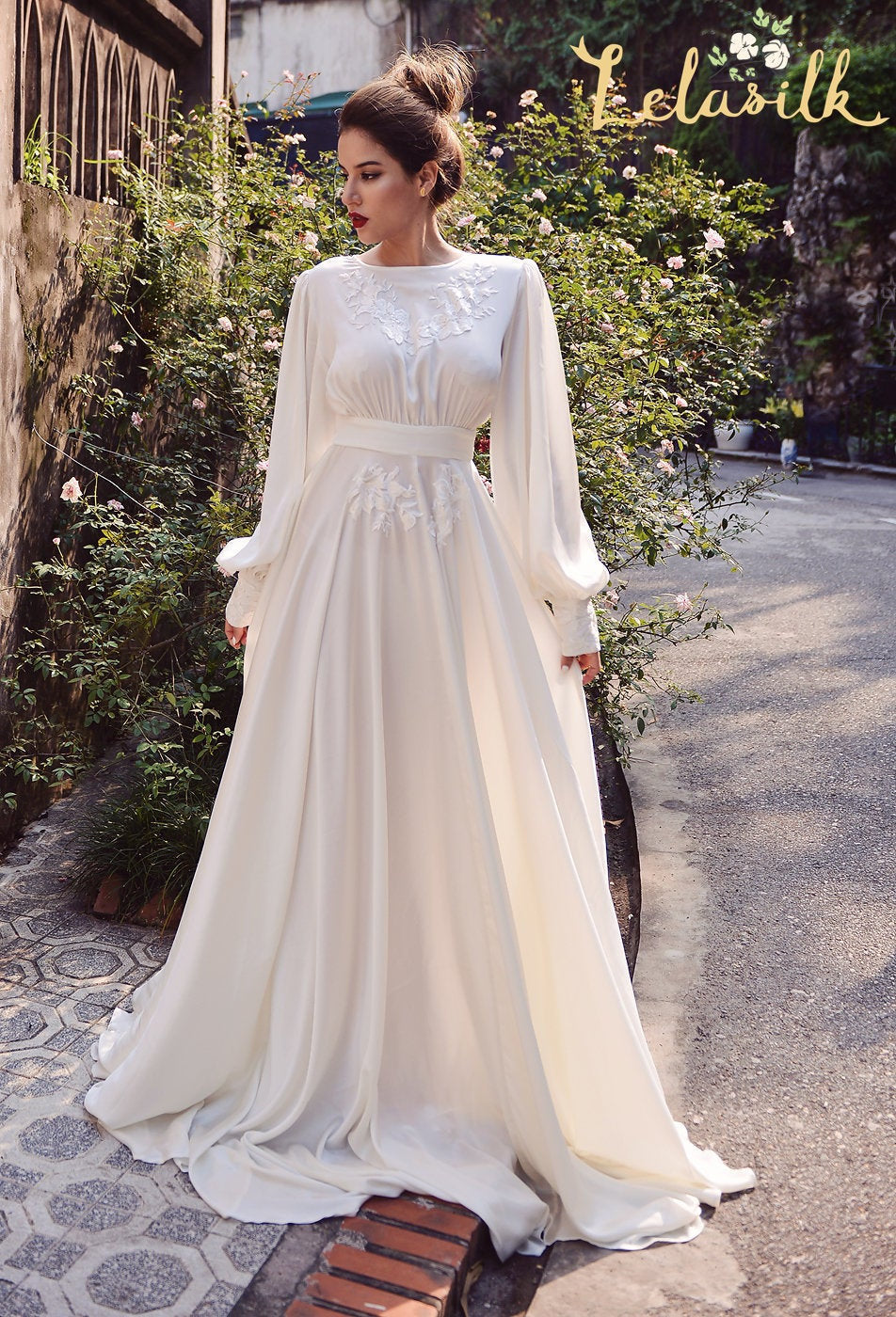 Silk Wedding Dress - Embellished Lace Wedding Dress - Ivory Wedding Dress