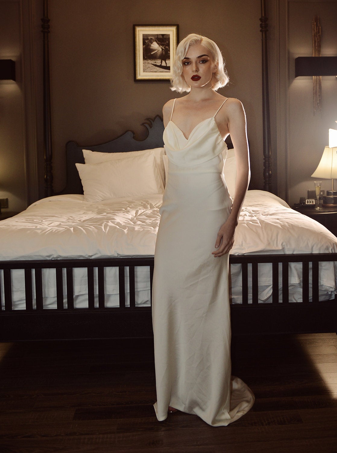 Cowl Neck Silk Dress - Silk Dress with Train - Ivory Silk Dress - Simple Bridal Gown