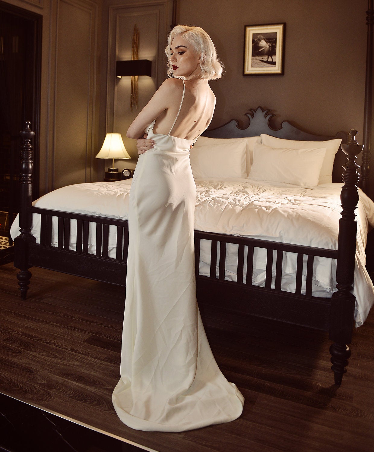 Cowl Neck Silk Dress - Silk Dress with Train - Ivory Silk Dress - Simple Bridal Gown