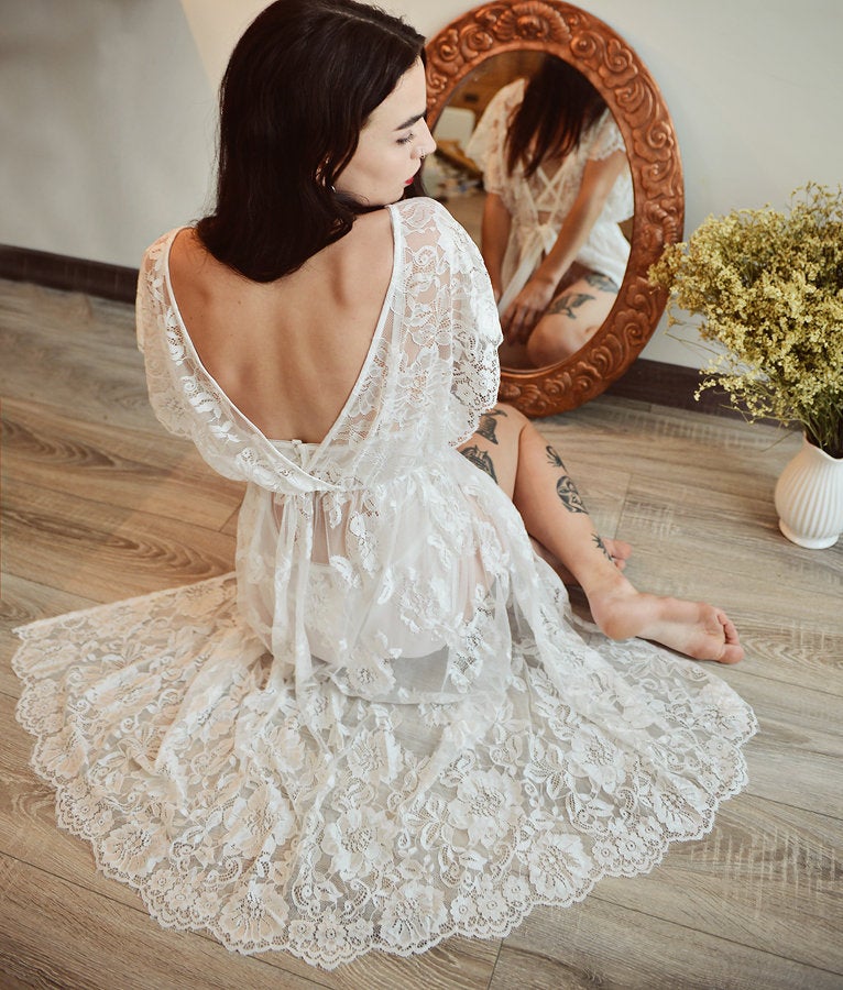 Long Lace Robe - Women Lace Robe - Bridal Lace Robe - Lace Robe for Bridesmaid - Lace Lingeries - Gift For Her