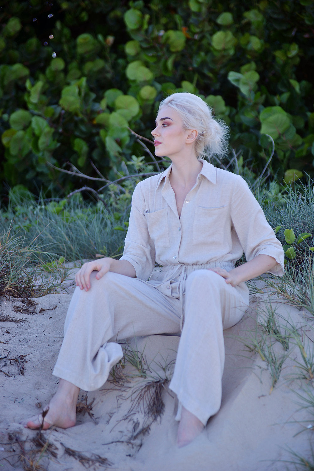 Sleeves Linen Romper - Summer Comfortwear - Women Jumpsuit Overalls - Organic Clothing - Cotton Long Jumpsuit