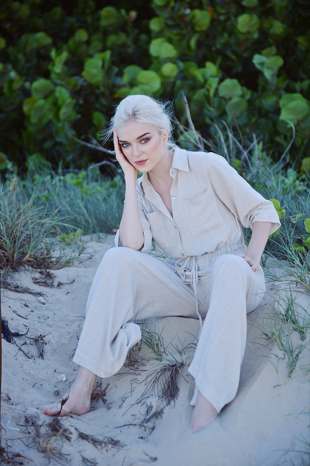 Sleeves Linen Romper - Summer Comfortwear - Women Jumpsuit Overalls - Organic Clothing - Cotton Long Jumpsuit