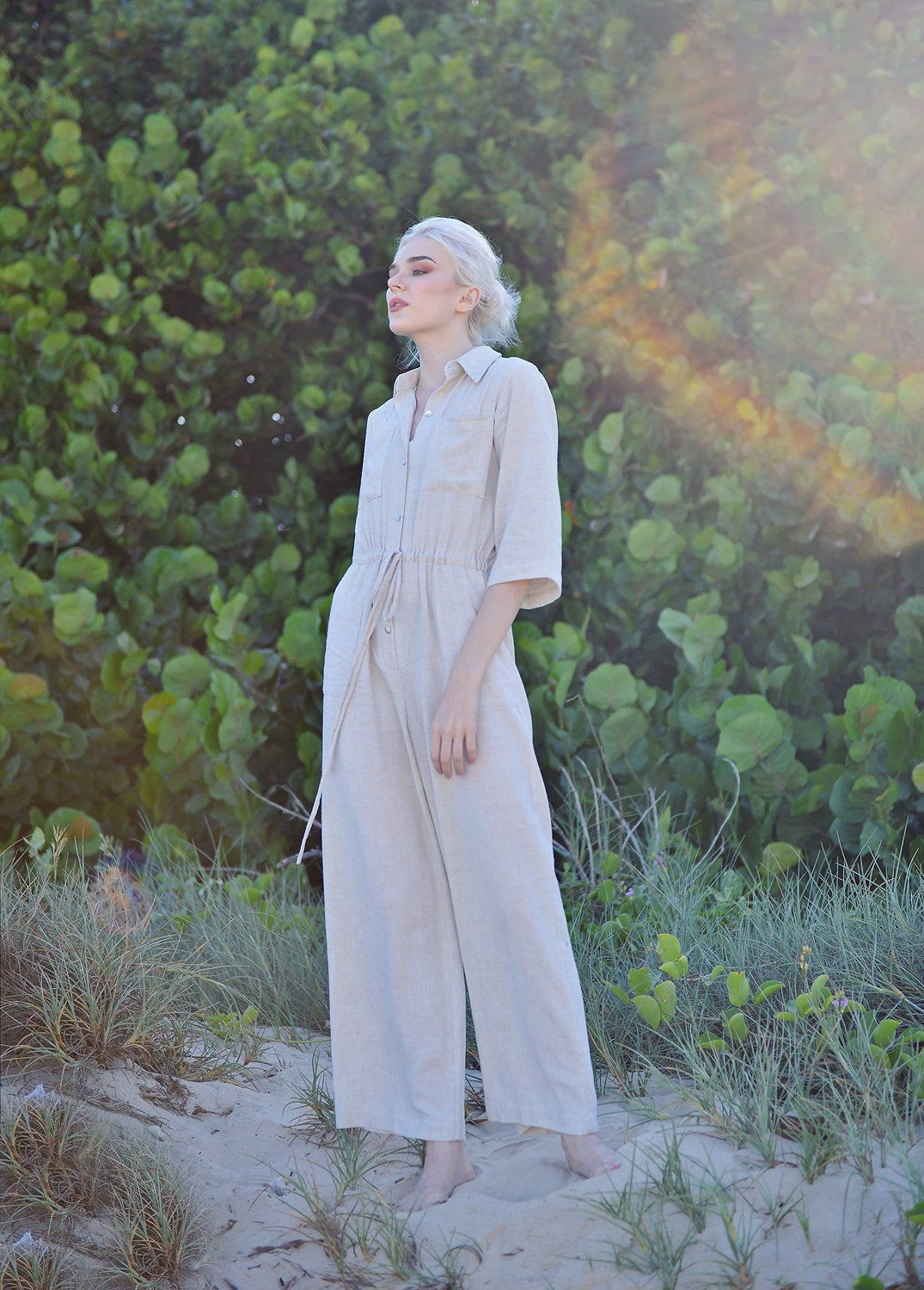 Sleeves Linen Romper - Summer Comfortwear - Women Jumpsuit Overalls - Organic Clothing - Cotton Long Jumpsuit