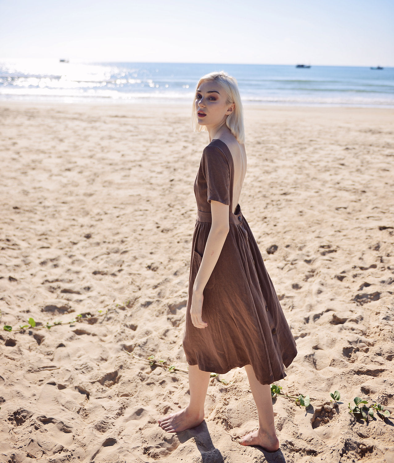 Openback Linen Dress - Linen Dress with Pockets - Openback Linen Dress - Natural Fabric