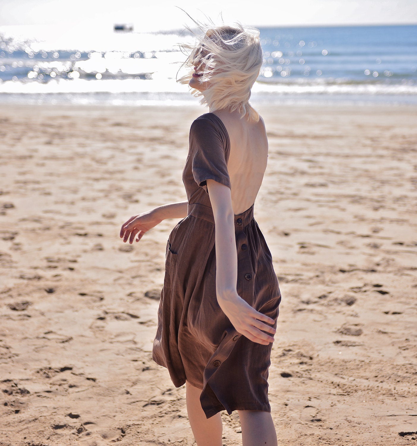 Openback Linen Dress - Linen Dress with Pockets - Openback Linen Dress - Natural Fabric