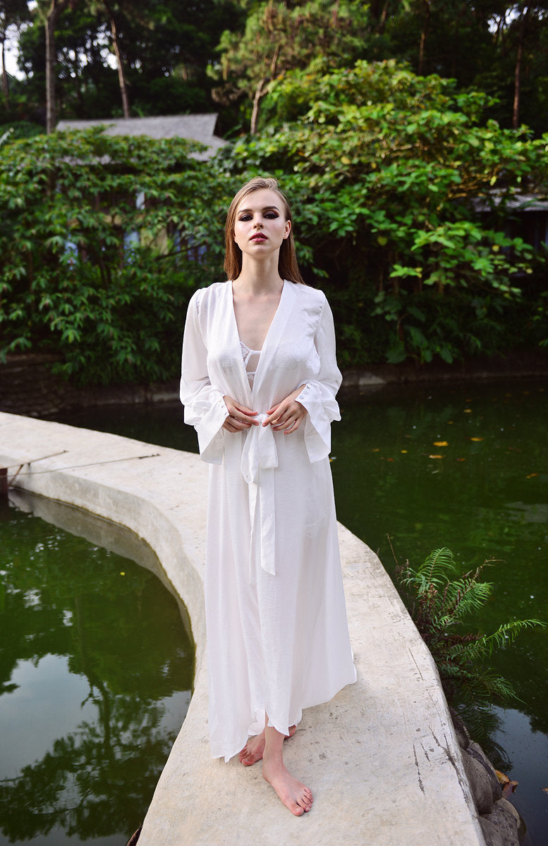 Silk Robe Long Train - Bridal Long Robe - Getting Ready Robe - Floor Length Gown - Long Dressing Gown - Long Train Wedding Robe