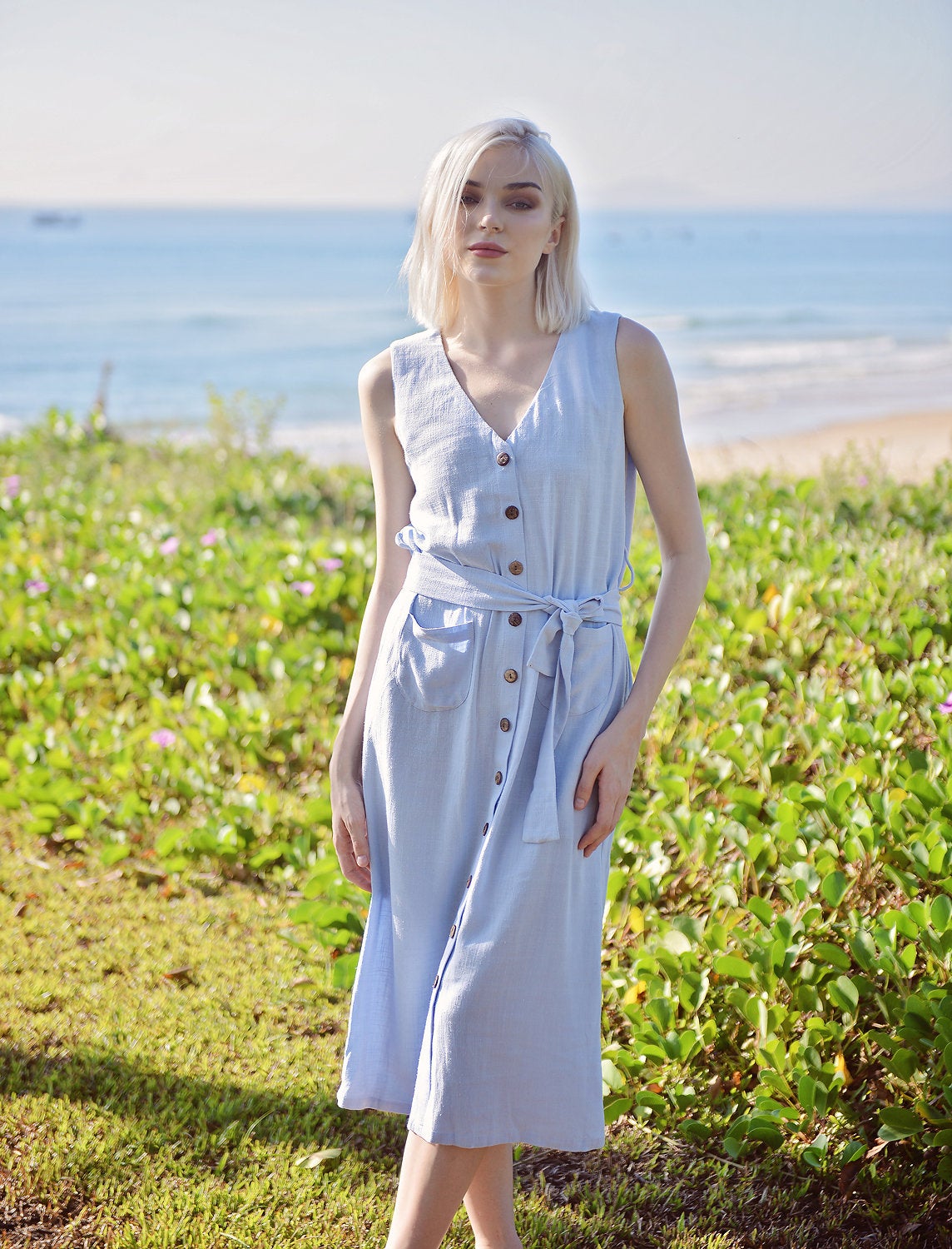 Linen Cotton Midi Dress - Summer Linen Dress - Button Linen Dress - Organic Cotton Dress - Women Cotton Dress