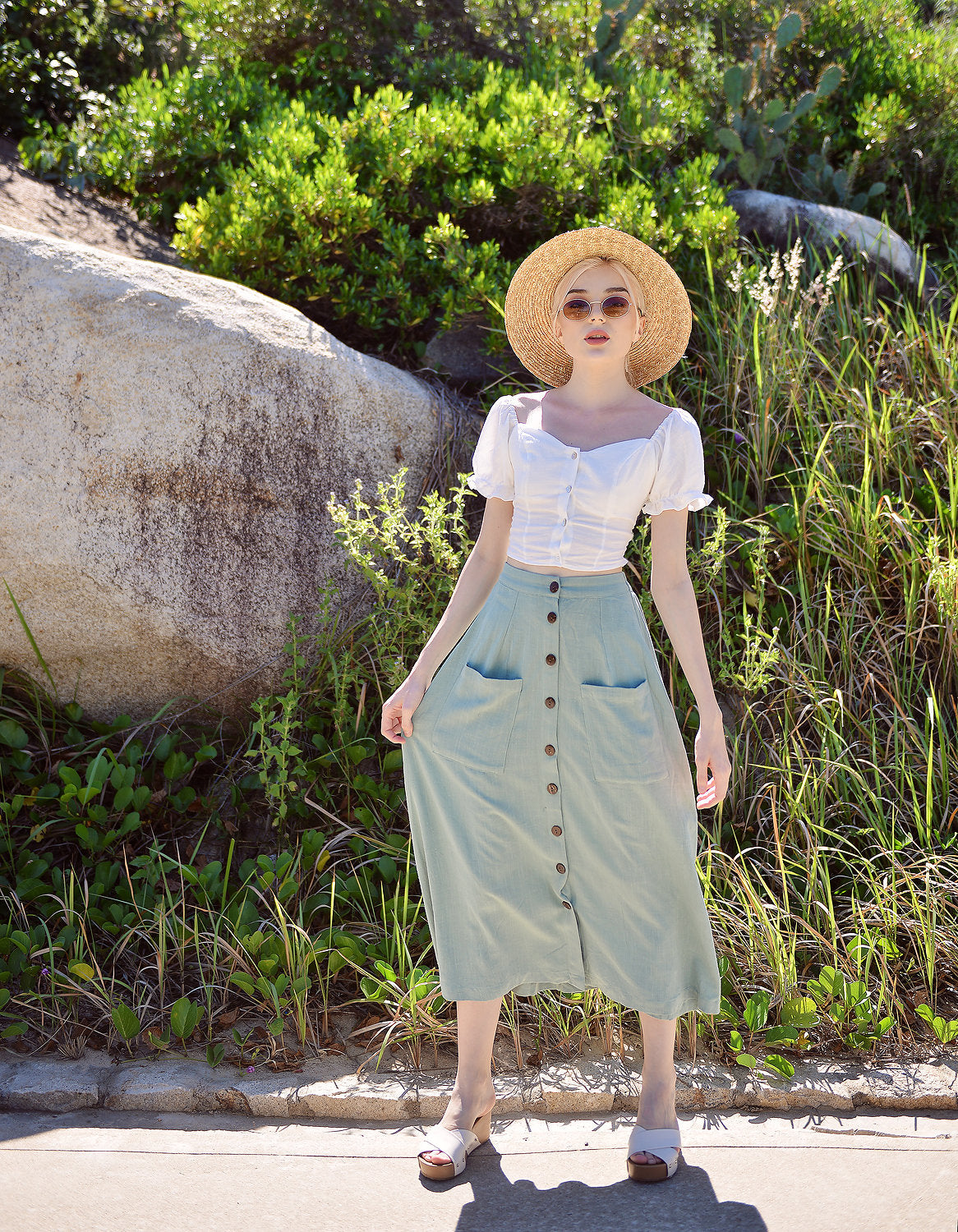 Mid-calf Linen Cotton Skirt - Button Linen Skirt - Midi Cotton Skirt - Below Knee Linen Skirt