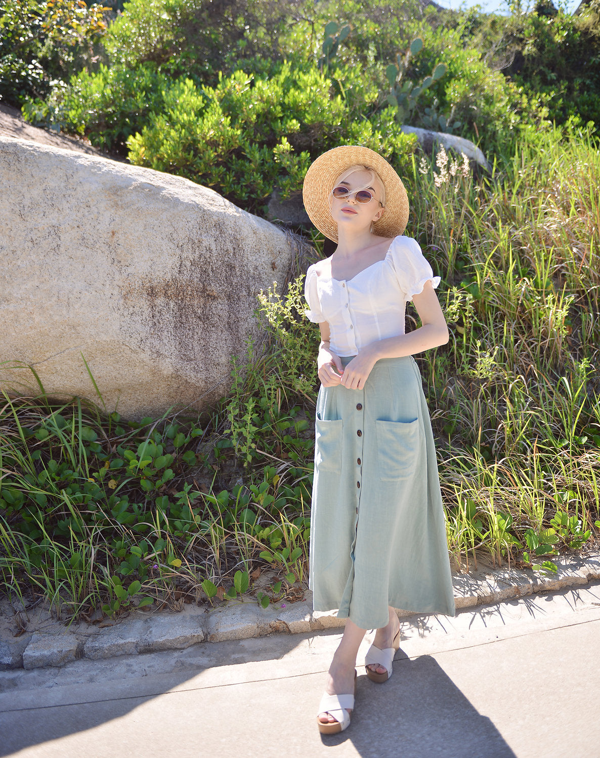 Mid-calf Linen Cotton Skirt - Button Linen Skirt - Midi Cotton Skirt - Below Knee Linen Skirt