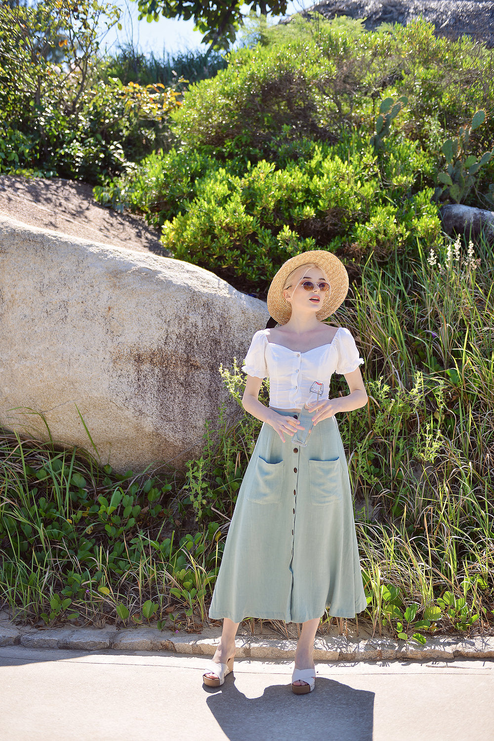 Mid-calf Linen Cotton Skirt - Button Linen Skirt - Midi Cotton Skirt - Below Knee Linen Skirt