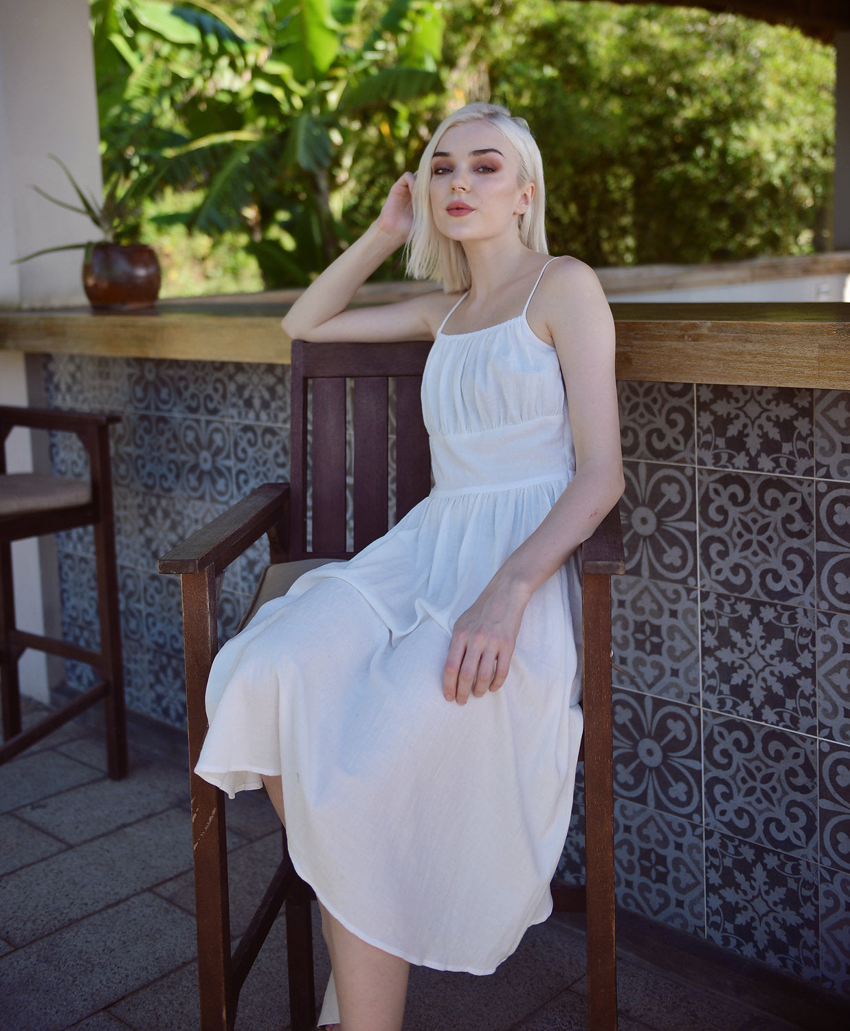 Cotton Linen Gathered Dress - Linen White Midi Dress - Vintage Style Dress - Retro Sundress Cotton
