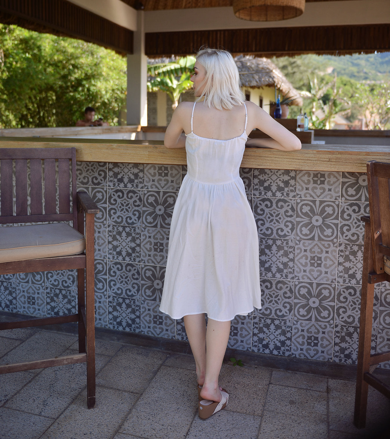 Cotton Linen Gathered Dress - Linen White Midi Dress - Vintage Style Dress - Retro Sundress Cotton