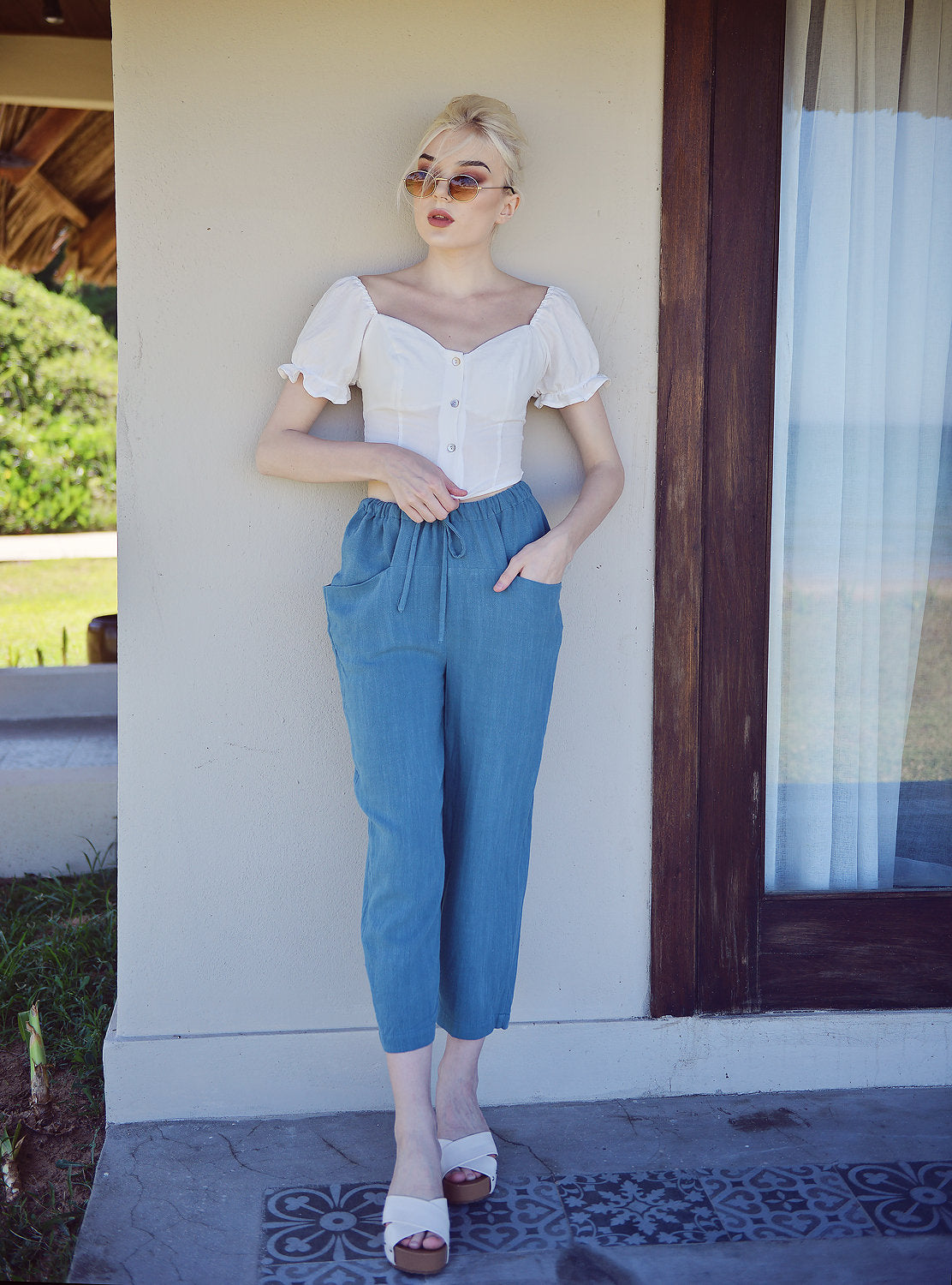 Relaxed Fit Linen Pants - Cotton Long Pants - Elastic waist Linen Pants