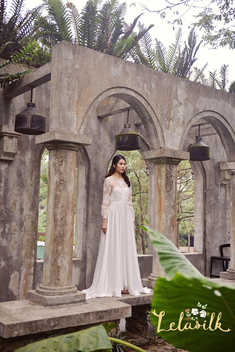 Lace Long Bridal Dress - Silk Wedding Dress - Modern Lace White Dress