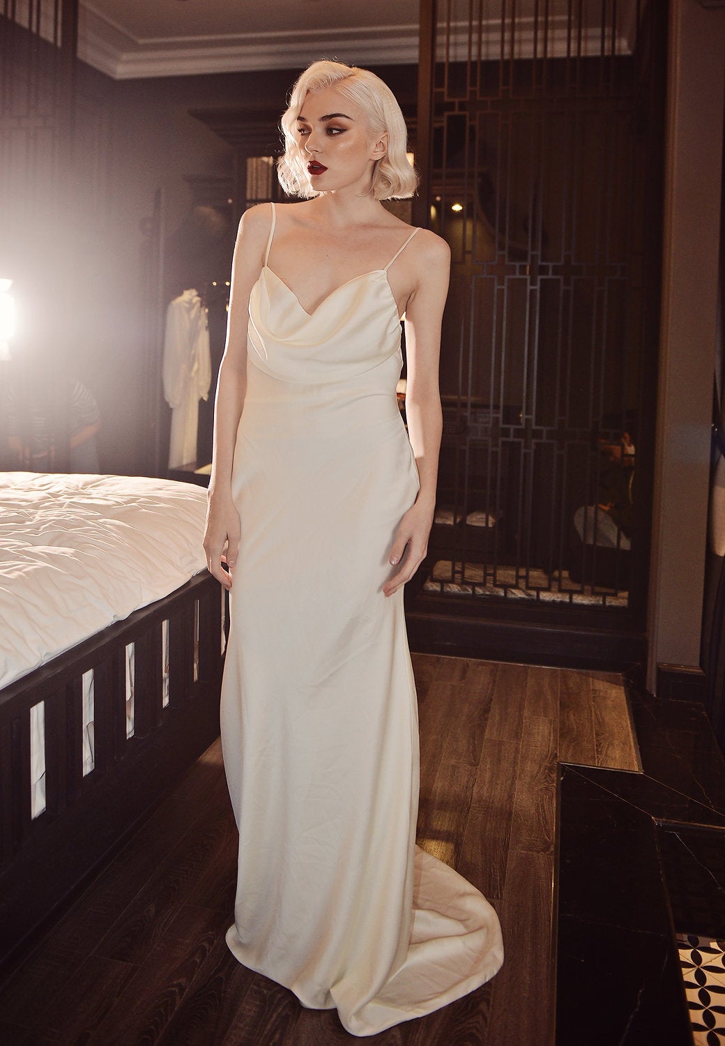 Cowl Neck Silk Dress - Silk Dress with Train - Ivory Silk Dress - Simple Bridal Gown