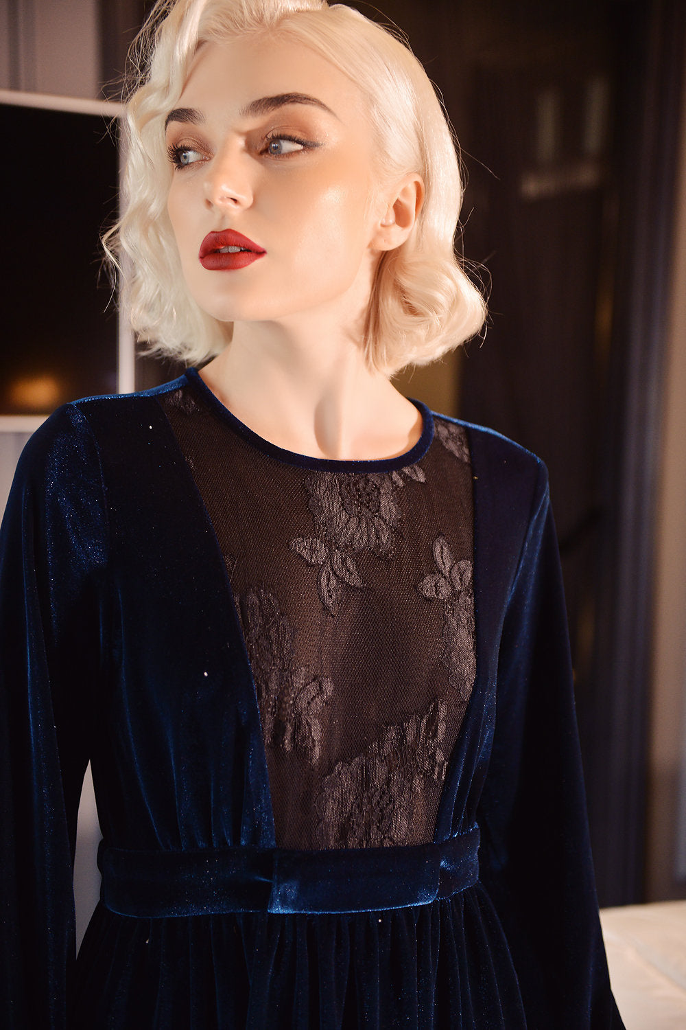 Velvet Lace Dress - Wedding Guest Dress - Midi Prom Dress