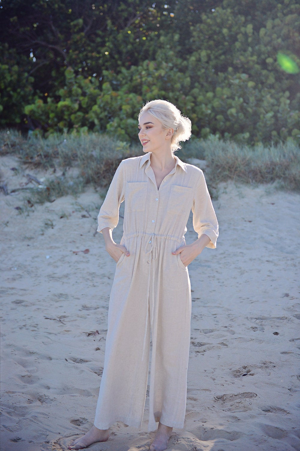 Sleeves Linen Romper - Summer Comfortwear - Women Jumpsuit Overalls - Organic Clothing - Cotton Long Jumpsuit