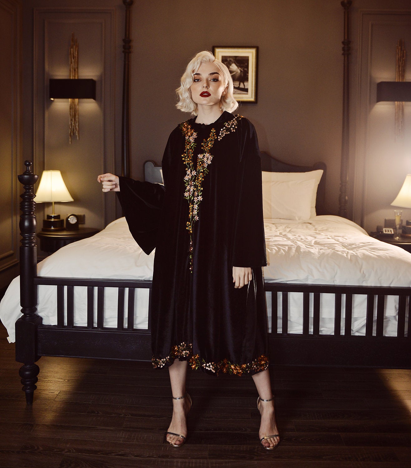 Velvet Kimono Robe - Flower Embroidered Robe - Warm Winter Robe