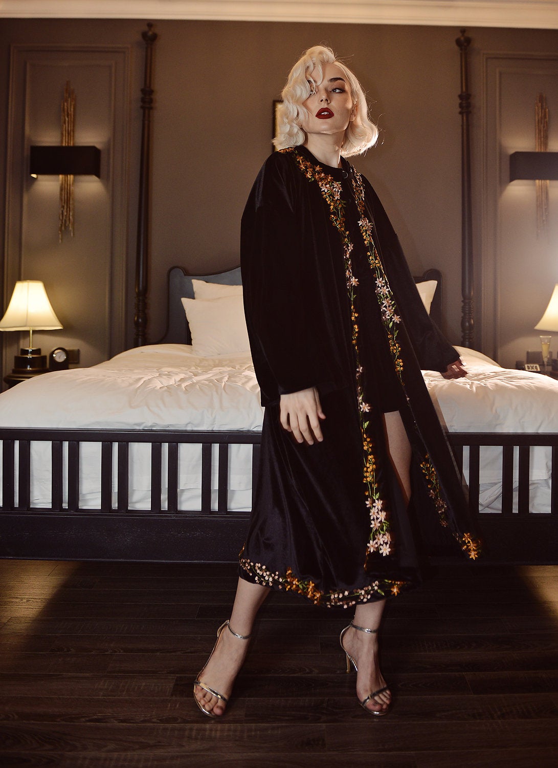 Velvet Kimono Robe - Flower Embroidered Robe - Warm Winter Robe