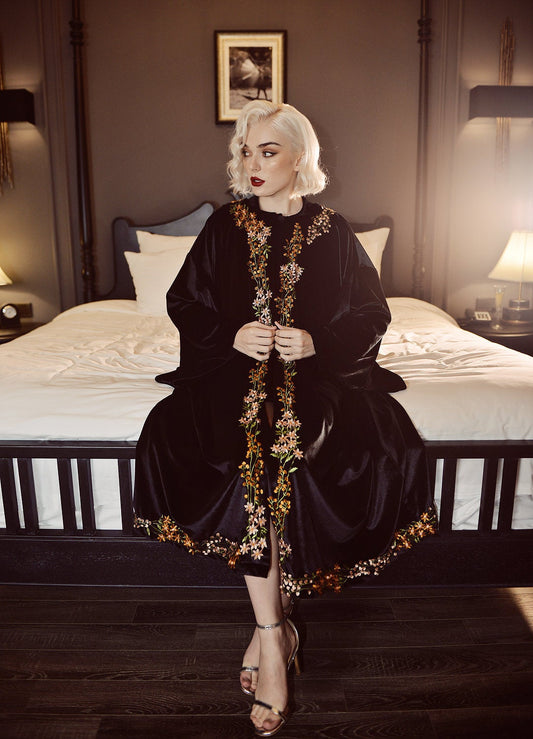 Velvet Kimono Robe - Flower Embroidered Robe - Warm Winter Robe
