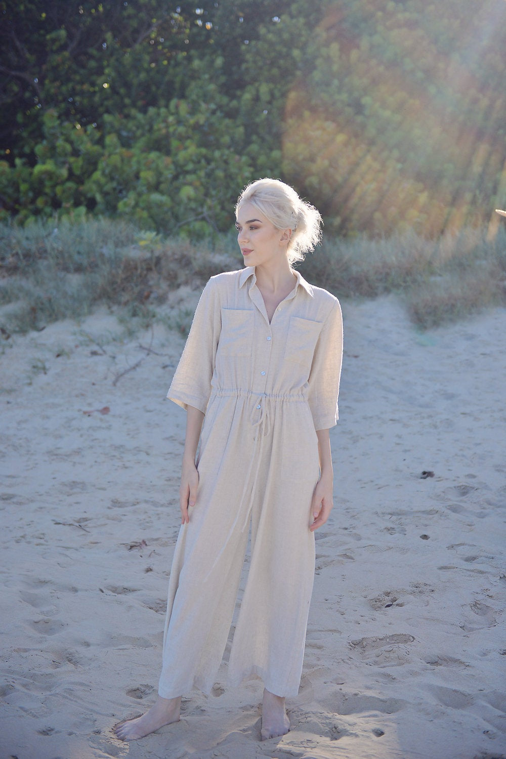 Sleeves Linen Romper - Summer Comfortwear - Women Jumpsuit Overalls - Organic Clothing - Cotton Long Jumpsuit