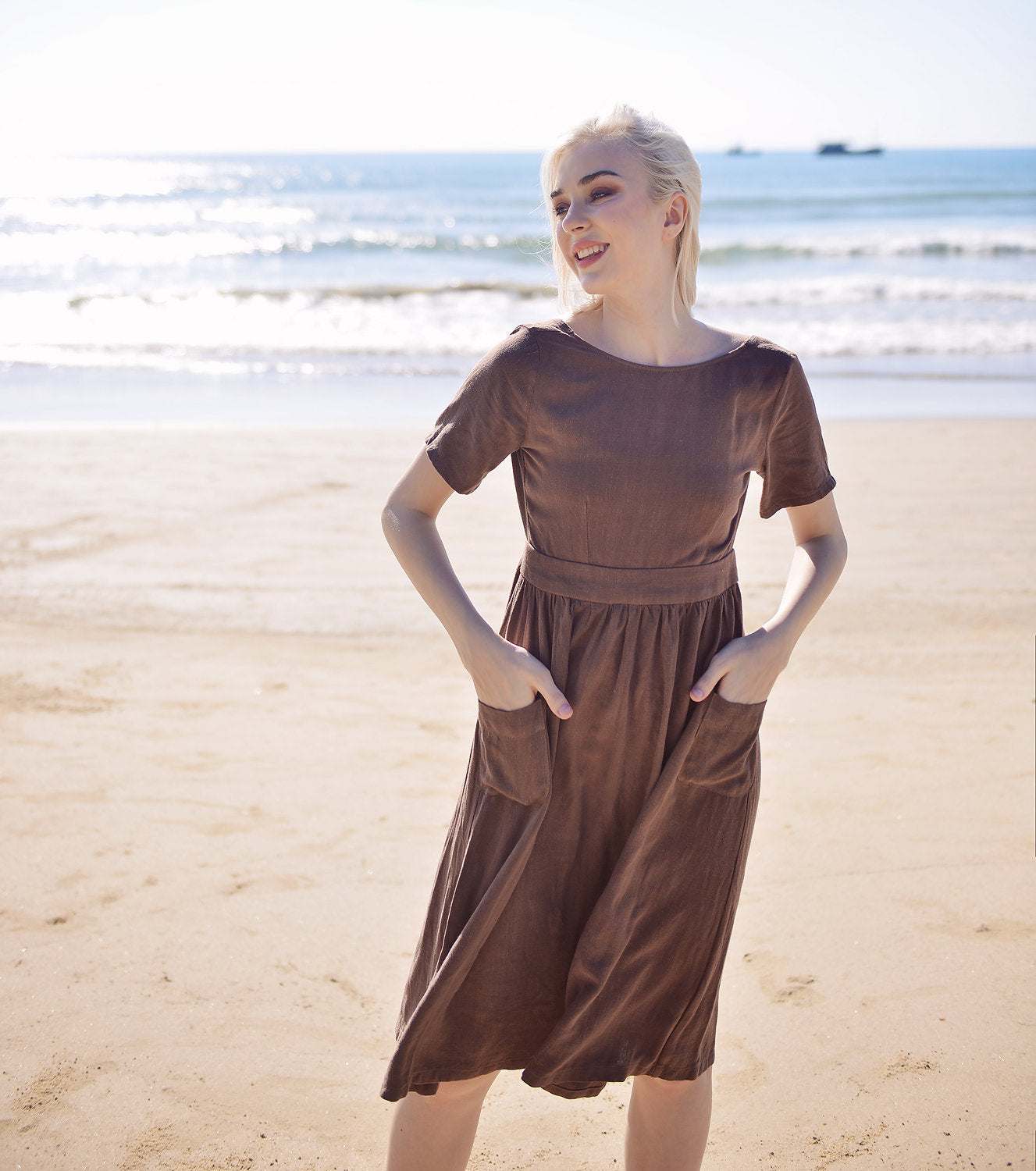 Openback Linen Dress - Linen Dress with Pockets - Openback Linen Dress - Natural Fabric