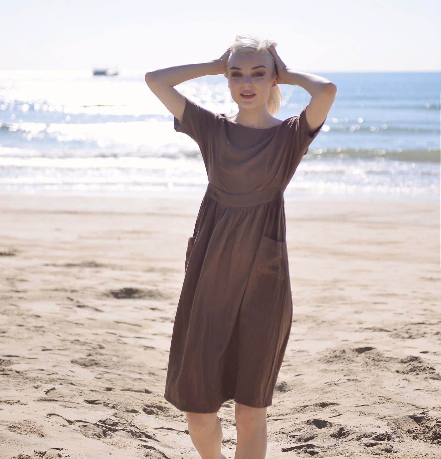 Openback Linen Dress - Linen Dress with Pockets - Openback Linen Dress - Natural Fabric