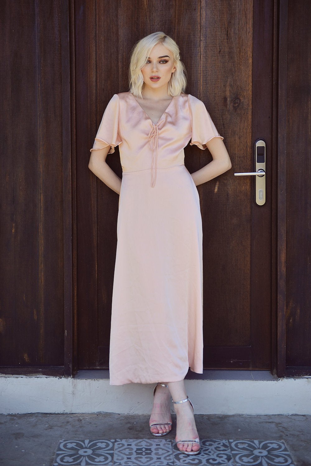 TRISHA Short Sleeve Silk Midi Dress