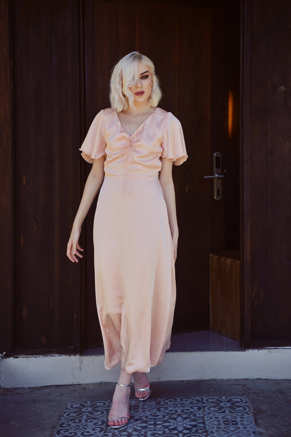 TRISHA Short Sleeve Silk Midi Dress