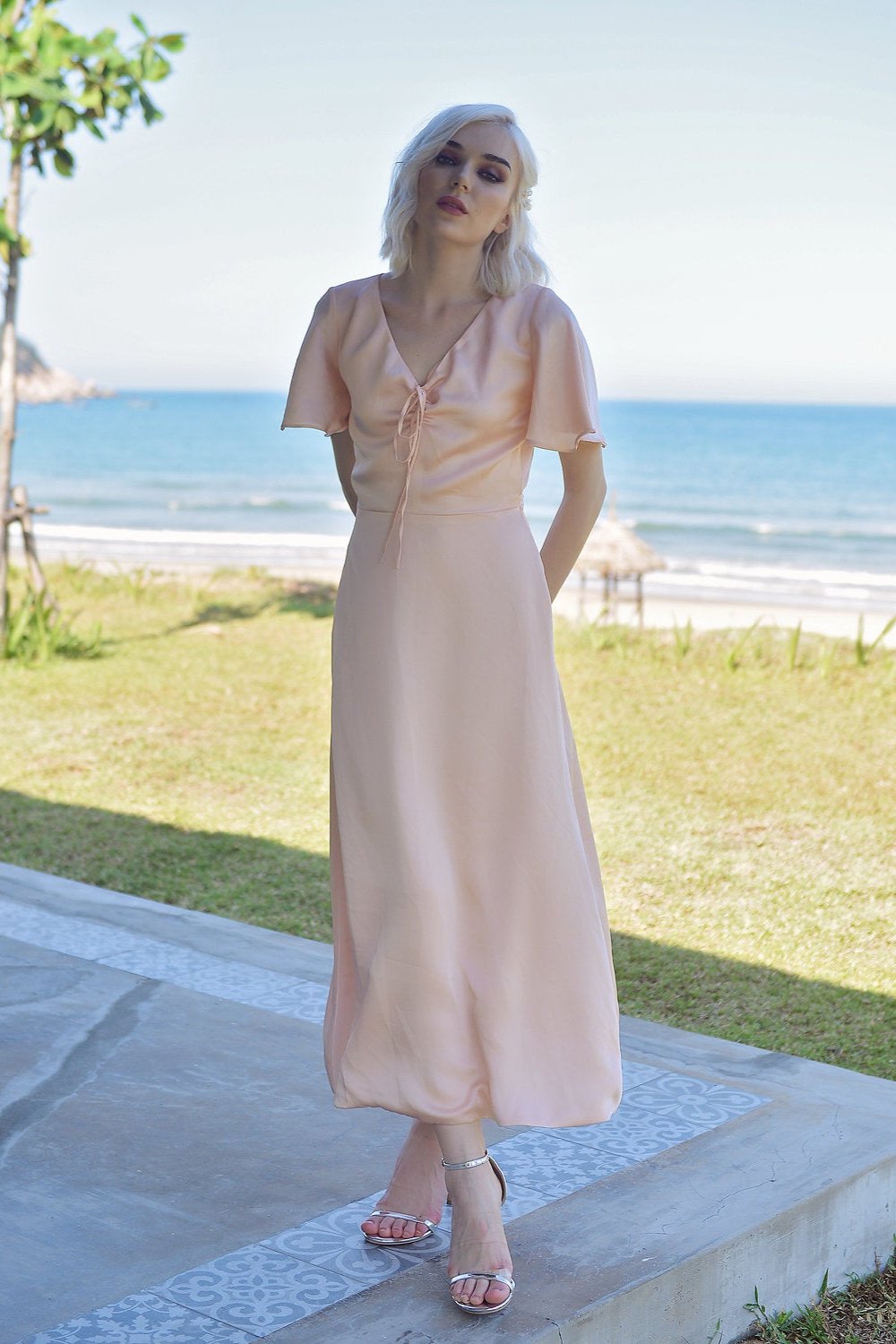 TRISHA Short Sleeve Silk Midi Dress