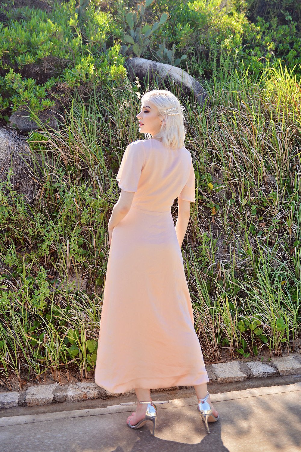 TRISHA Short Sleeve Silk Midi Dress