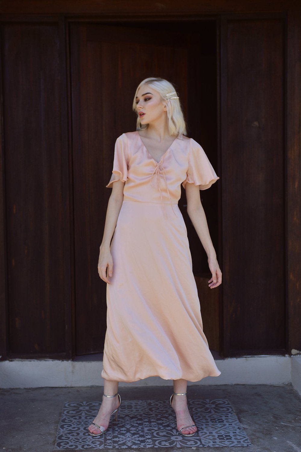 TRISHA Short Sleeve Silk Midi Dress
