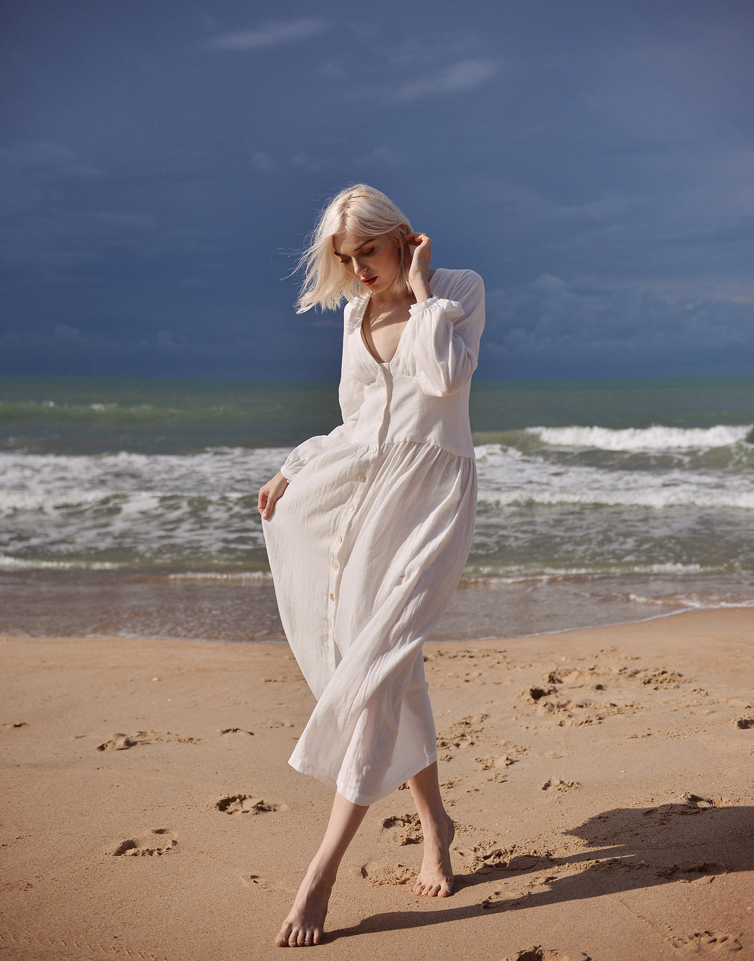 Linen Dress White - Midi Linen Dress - Organic Cotton Dress