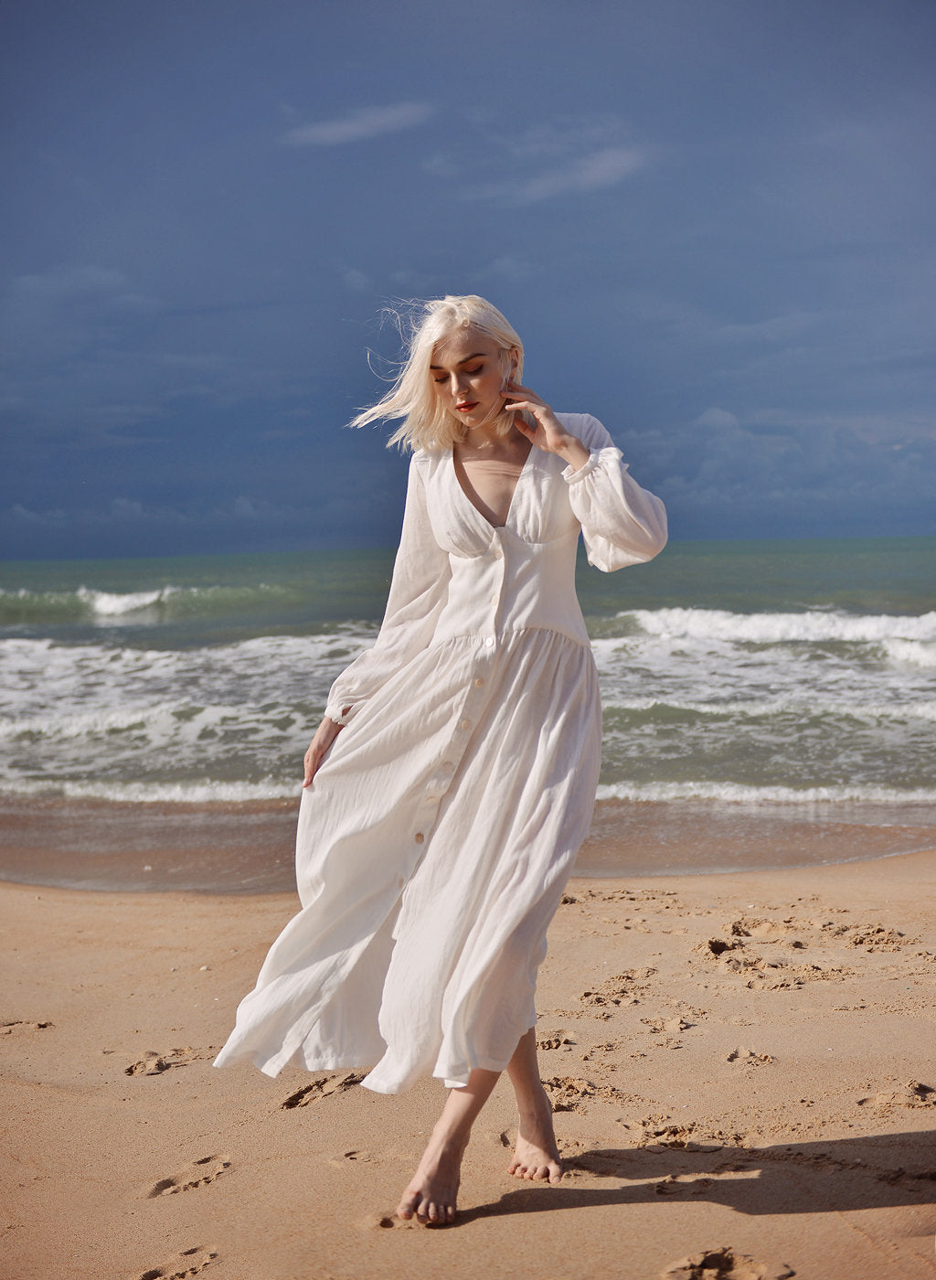 Linen Dress White - Midi Linen Dress - Organic Cotton Dress