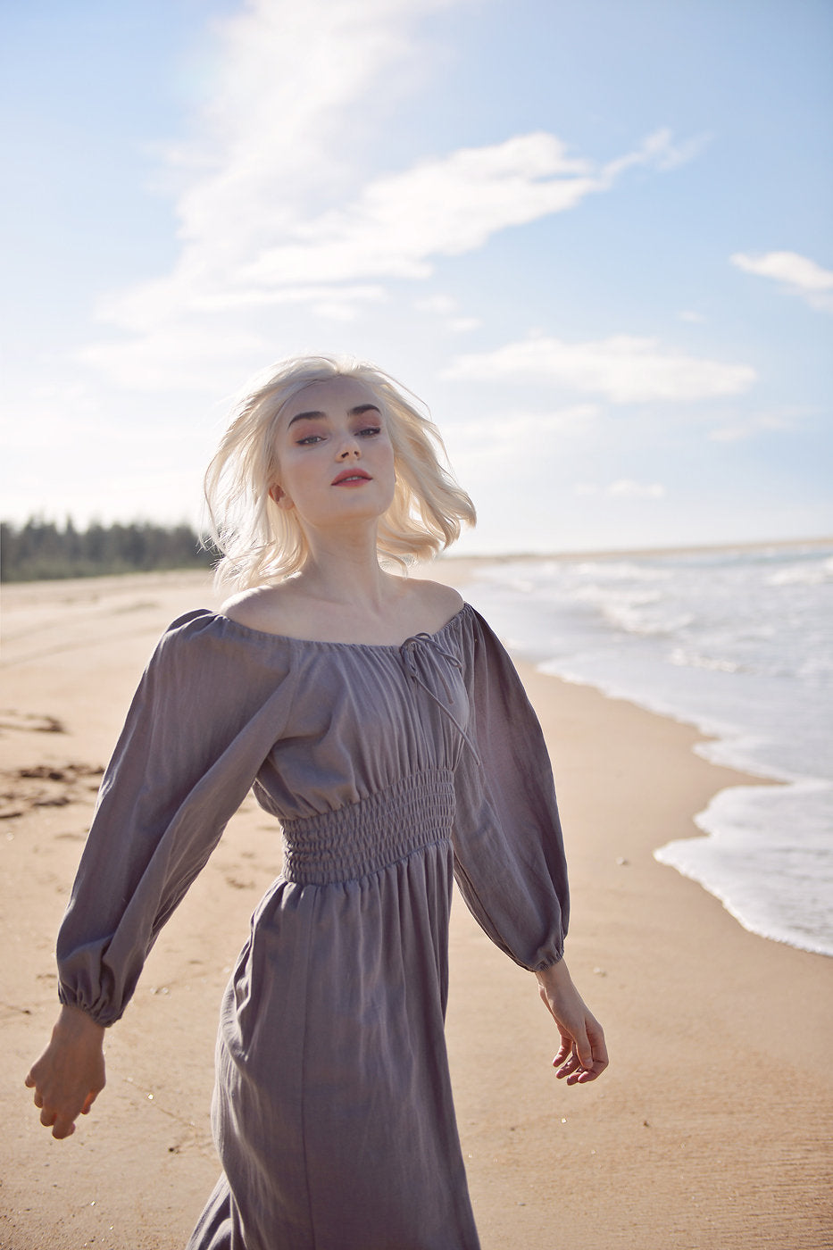 Off-shoulder Linen Dress - Long Sleeves Dress - Comfy FloorLength Dress - Natural Fabric