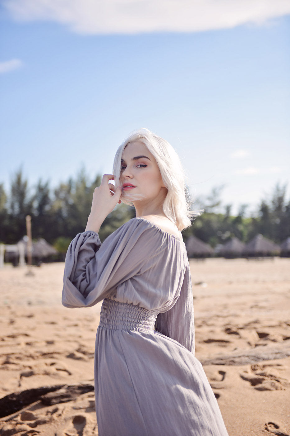 Off-shoulder Linen Dress - Long Sleeves Dress - Comfy FloorLength Dress - Natural Fabric