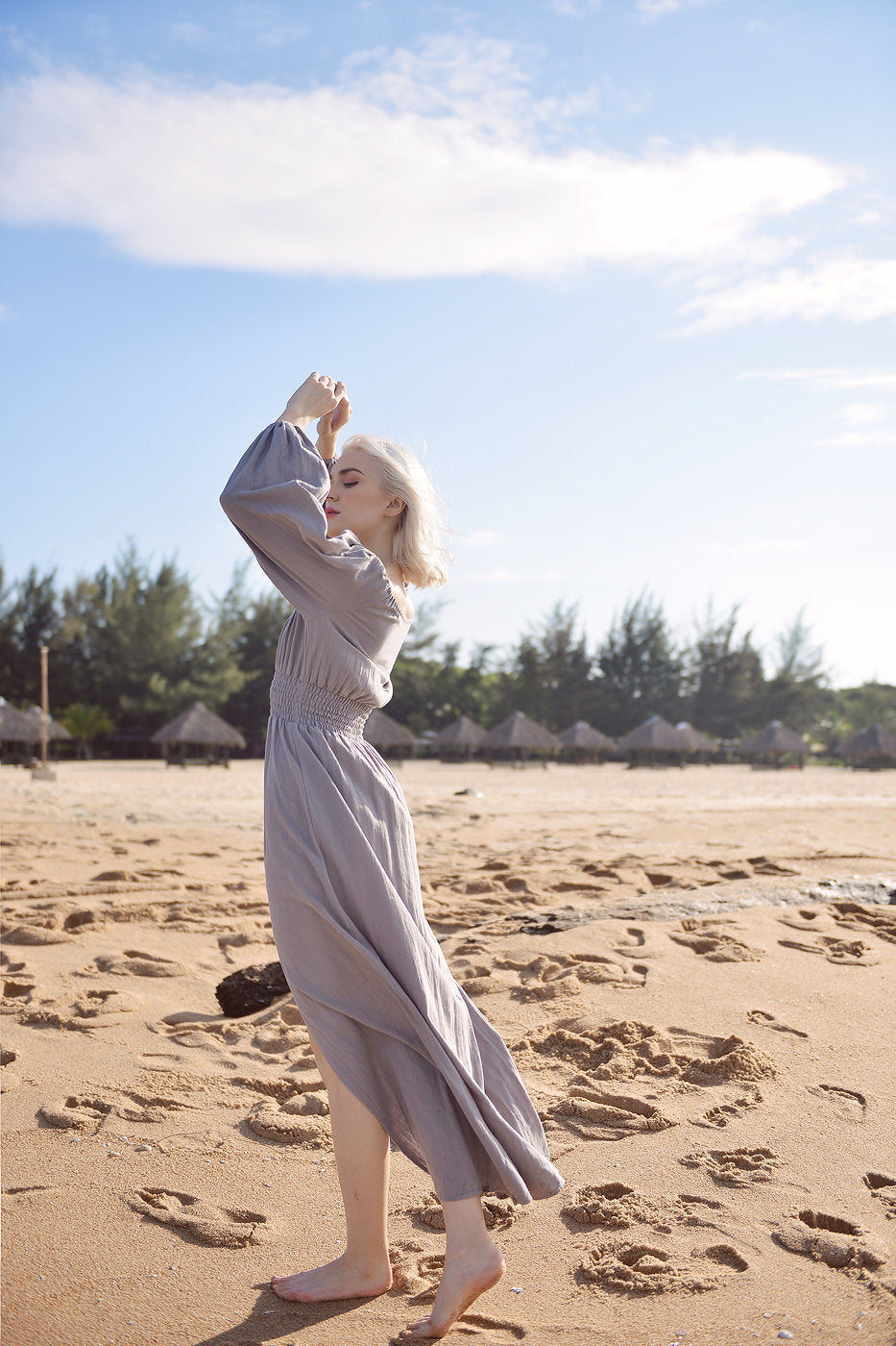 Off-shoulder Linen Dress - Long Sleeves Dress - Comfy FloorLength Dress - Natural Fabric
