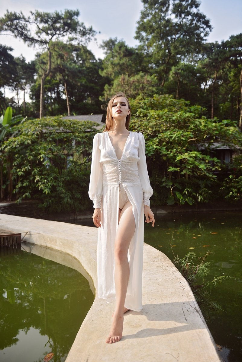 Lace Silk Robe - Front-Button Robe - Wedding Lace robe - Kimono Robe For Women - Sexy Lingeries - LelaSilk