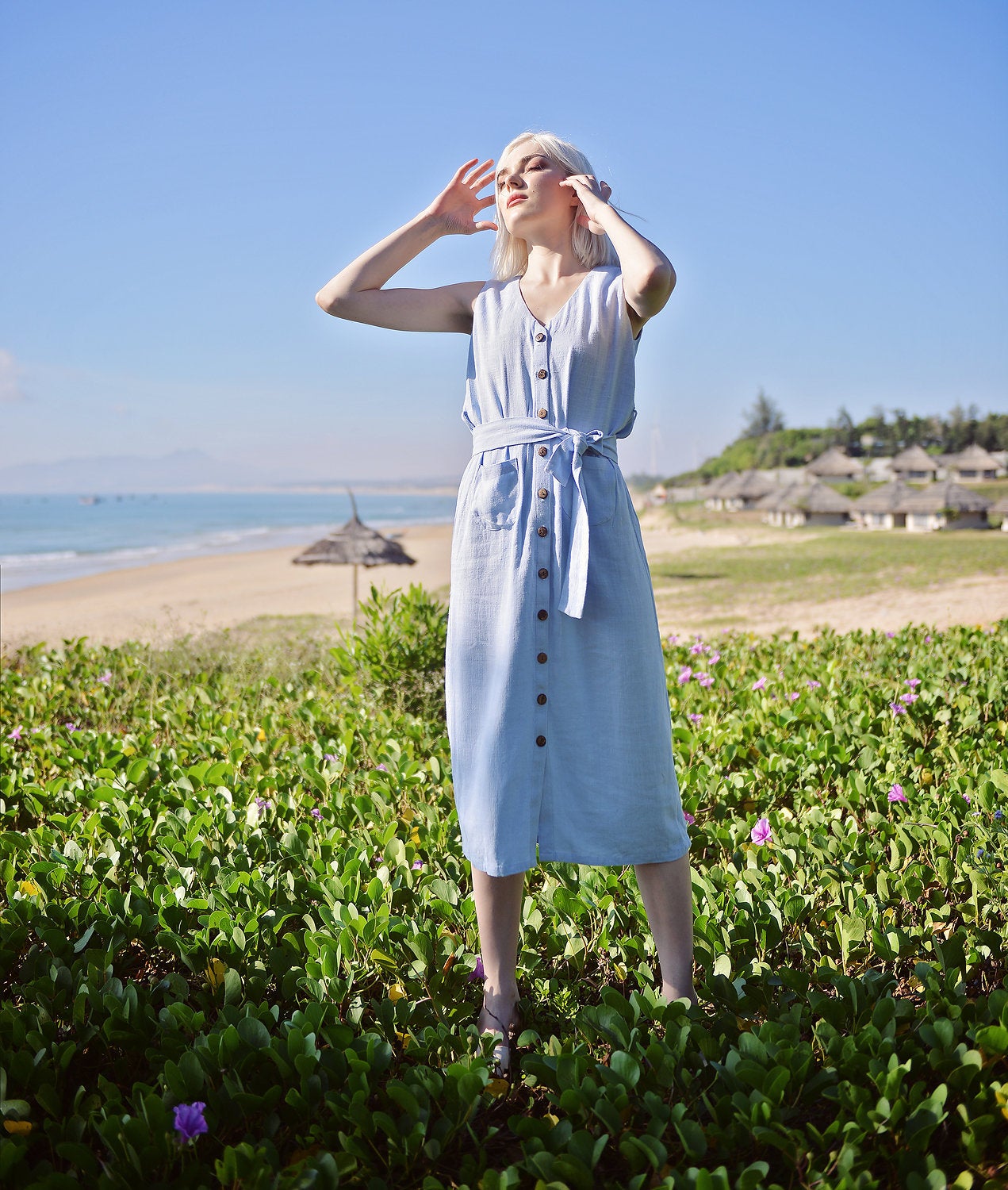 Linen Cotton Midi Dress - Summer Linen Dress - Button Linen Dress - Organic Cotton Dress - Women Cotton Dress