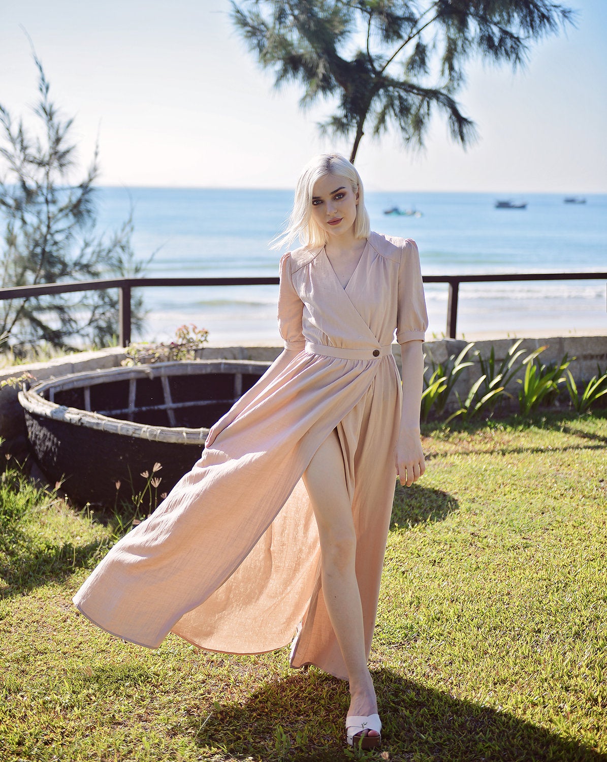 Linen Wrap Dress - Dress with Sleeves - Women Cotton Linen Dress - Organic Cotton Long Dress