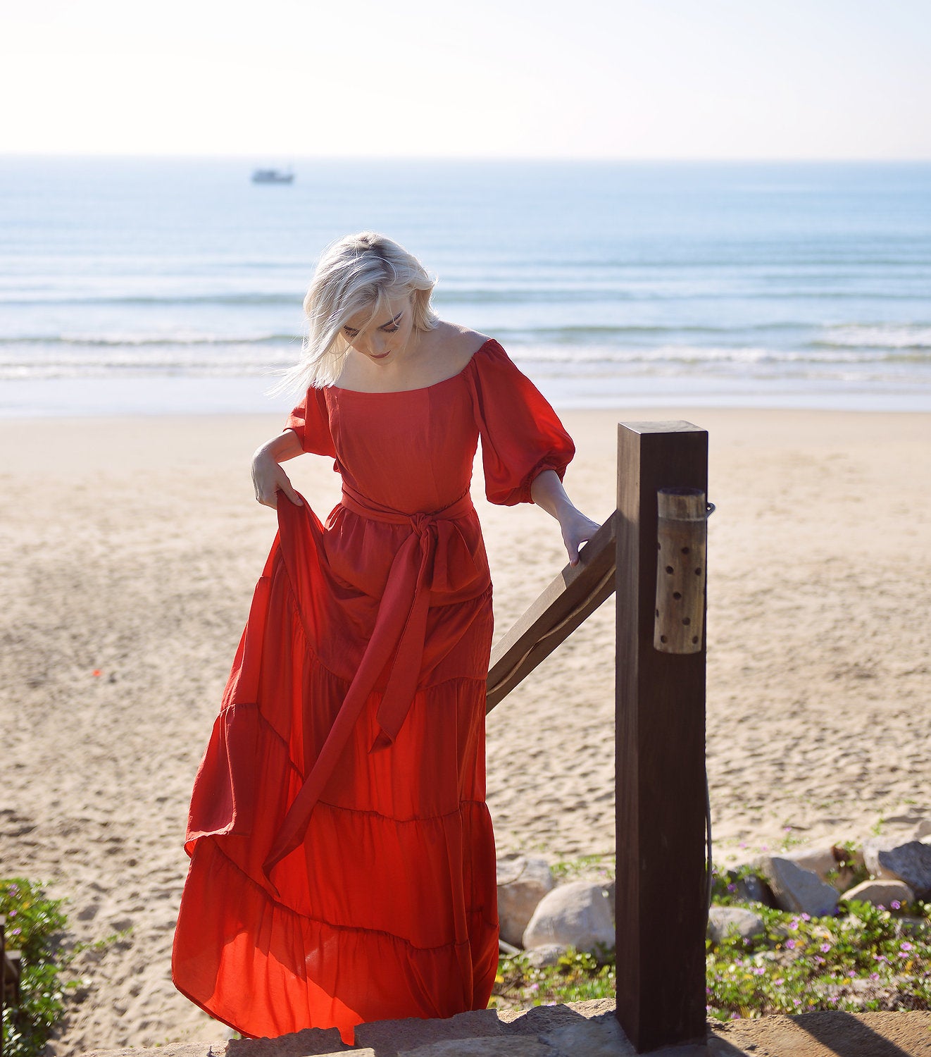 Maxi Silk Dress - Long Beach Dress - Women Off-shoulder Maxi Silk Dress - Boho Silk Dress