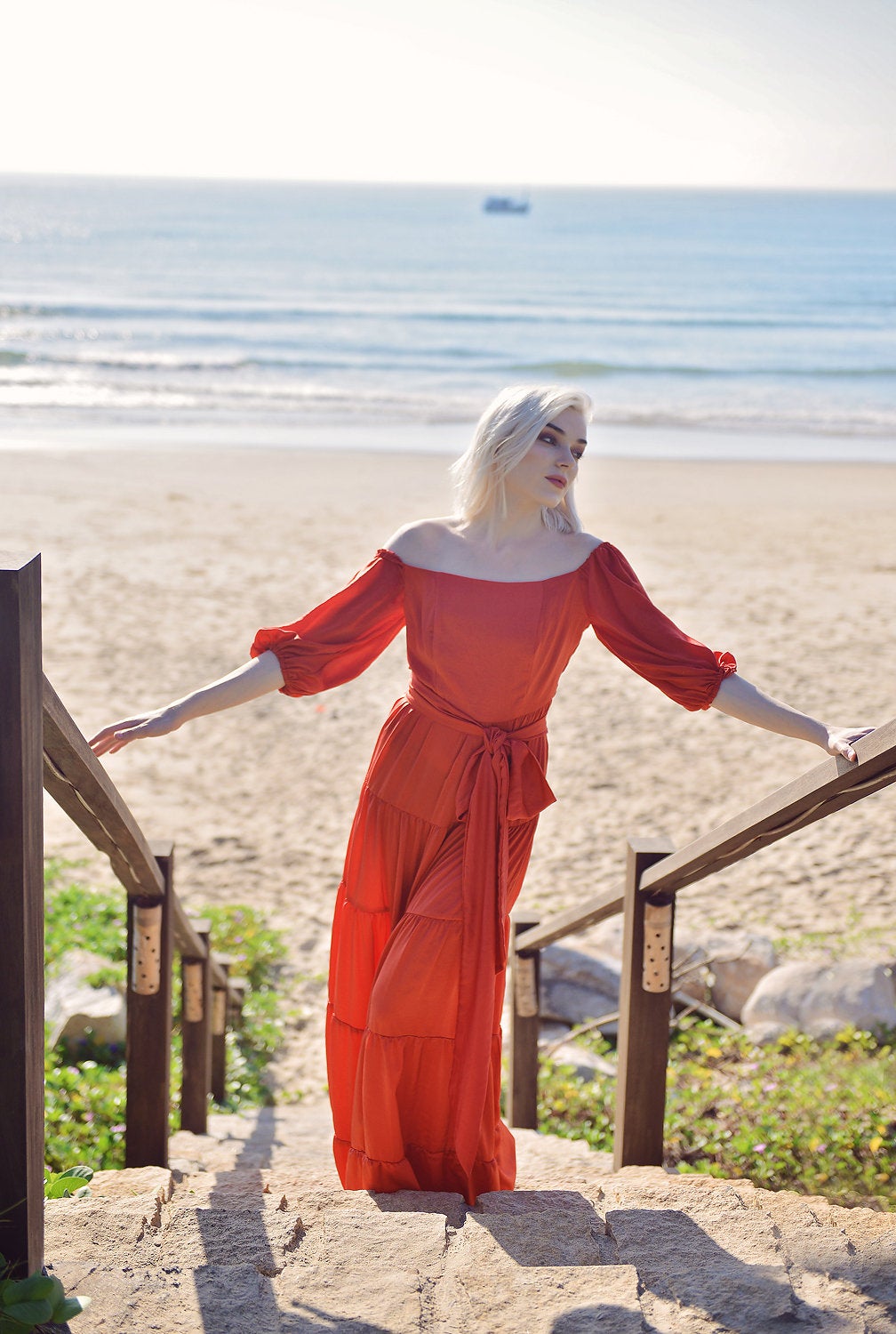 Maxi Silk Dress - Long Beach Dress - Women Off-shoulder Maxi Silk Dress - Boho Silk Dress