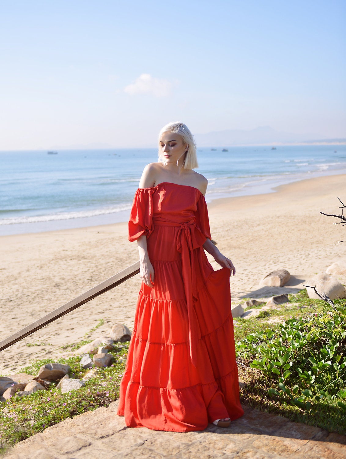 Maxi Silk Dress - Long Beach Dress - Women Off-shoulder Maxi Silk Dress - Boho Silk Dress