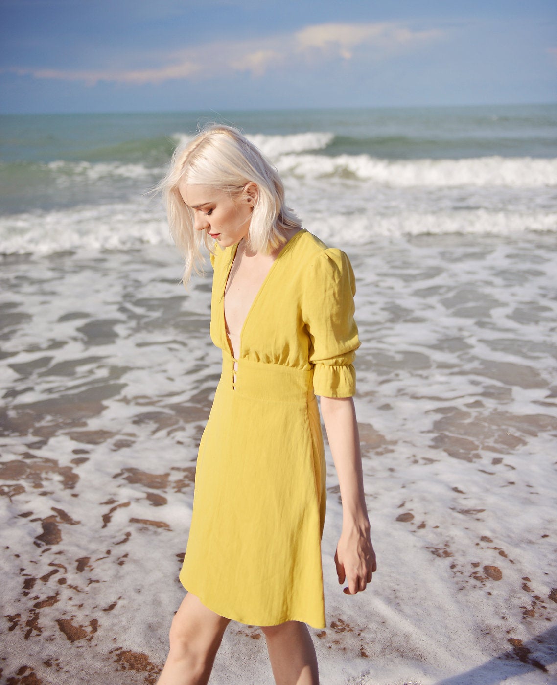 Linen Dress Short Sleeves - Midi Linen Dress - Organic Cotton Dress
