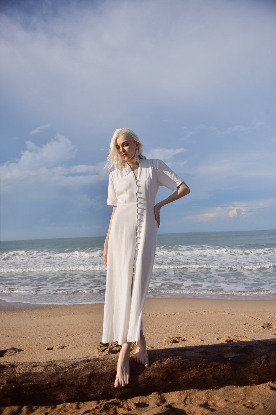 Sleeves Linen Long Dress - White Linen Dress - Organic Clothing - Long Cotton Dress - Wedding Guest Dress