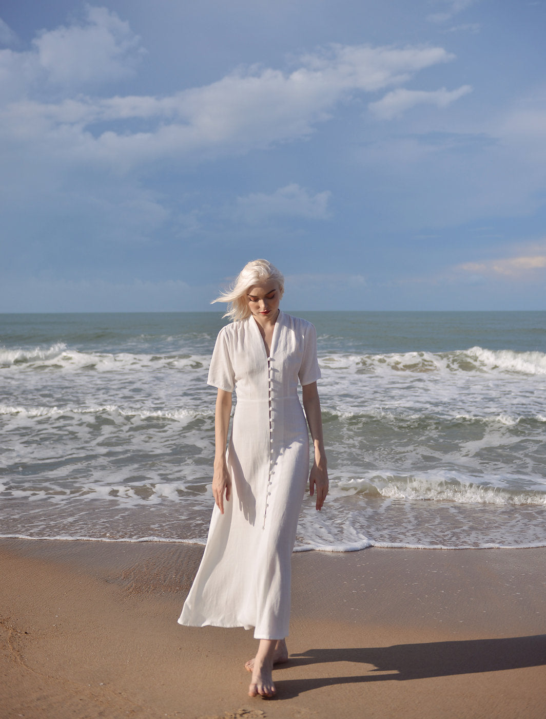 Sleeves Linen Long Dress - White Linen Dress - Organic Clothing - Long Cotton Dress - Wedding Guest Dress