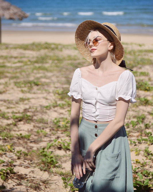 Linen Crop Top with Sleeves - Cotton Summer Top - Organic Cotton