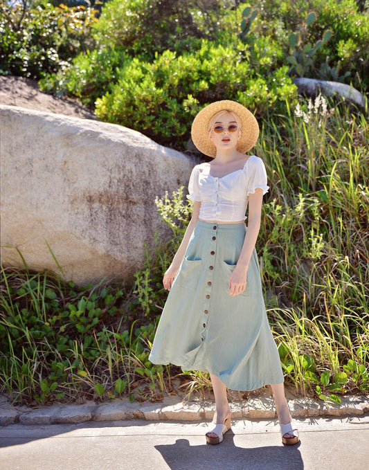 Mid-calf Linen Cotton Skirt - Button Linen Skirt - Midi Cotton Skirt - Below Knee Linen Skirt
