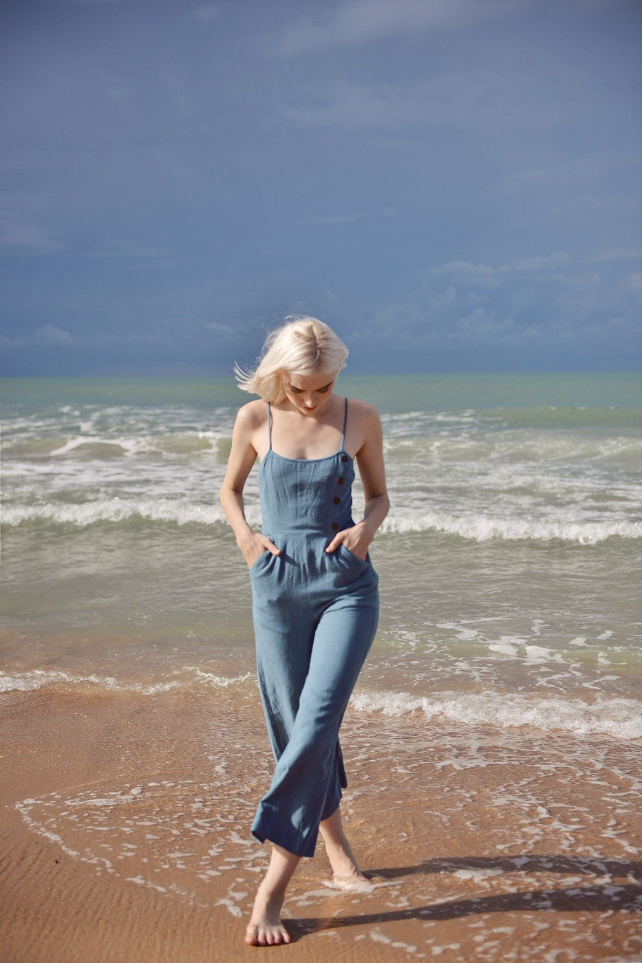 Sleeveless Linen Overalls - Linen Cotton Jumpsuit Women - Cotton Romper for Women