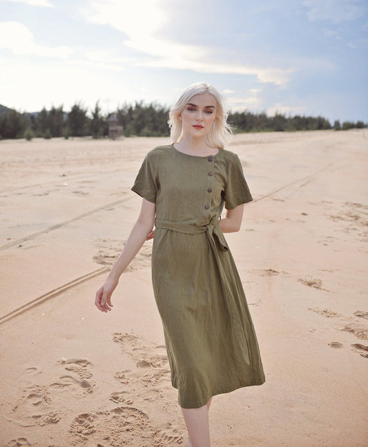 Linen Dress with Buttons - Midcalf Linen Dress - Long Linen Summer Dress